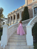 Modest A Line Off The Shoulder Pink Chiffon With Short Sleeves Long Prom Dresses Party Dress Sweet 16 Birthday Outfits Graduation Dress HZ0311