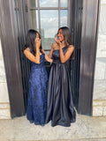 A Line Spaghetti Straps Navy Blue Satin Lace Backless Party Long Prom Dresses HZ0311