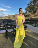 Modest A Line Satin Strapless Yellow Prom Dresses Long for Women Formal Evening Gowns HZ0311