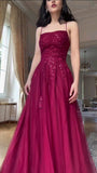 Spaghetti Strap A line Wedding Guest Dresses Tulle Lace Wine Red Burgundy Prom Formal Dresses HZ0311