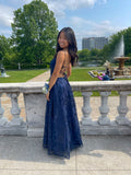 A Line Spaghetti Straps Navy Blue Satin Lace Backless Party Long Prom Dresses HZ0311