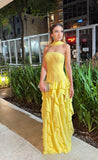 A-Line Strapless Multi-Layered Ruffled High Slit Prom Dresses Wedding Guest Dress HZ0311