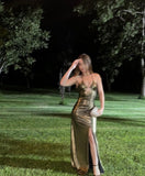 Simple Dark Green Mermaid Halter Sparkly Satin Party Long Prom Dresses HZ0311