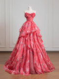 Sweet Ball Gown Sweetheart Pink Floral Chiffon Long Formal Evening Dress Formal Birthday Gowns Prom Dresses HZ0311