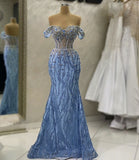 Elegant Crystal Beaded Mermaid Evening Dress Blue Sequined Capped Sleeve Prom Dresses Formal Dresses HZ0311