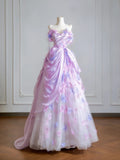 Timeless Ball Gown Strapless Lilac Floral Tulle Long Prom Dresses Inspiration Party Gowns HZ0311