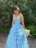 Attractive Ball Gown Basque Waist Corset Ruffle Blue Slit Prom Dresses HZ0311
