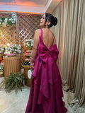 Modest A Line Satin Fuchsia Open Back With Bow Prom Dresses Long for Women Formal Evening Gown HZ0311
