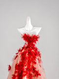 Cute Ball Gown Strapless Red Floral Sleeveless With Applique Pink Tulle Long Quinceanera Dresses Sweet 15 16 Birthday Outfit HZ0311