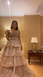 Ball Gown Off The Shoulder Tiered Ruffled Pink Long Prom Dress Evening Dresses Sweet 15 16 Gown HZ0311