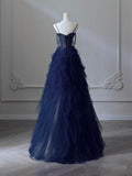 A-Line Sweetheart Neck Tulle Dark Blue Long Prom Dress, Dark Blue Long Graduation Dress With Beads HZ0311