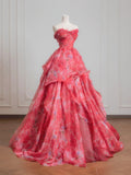 Sweet Ball Gown Sweetheart Pink Floral Chiffon Long Formal Evening Dress Formal Birthday Gowns Prom Dresses HZ0311