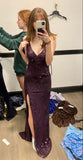 Elegant Sheath Spaghetti Straps Grape Lace Long Slit Prom Dresses Vestidos De Dia HZ0311