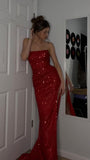 Sparkly Trumpet/Mermaid Strapless Sweep Train Red Sequins Prom Dresses With Slit Formal Dresses Party Dress HZ0311