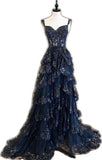 Modest Ball Gown Straps Navy Blue Lace Prom Dresses Long for Women Ruffle Formal Evening Gown HZ0311