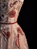 Modest Ball Gown Strapless Sleeveless Tulle Champagne Floral Long Prom Dress For Women Girls Evening Dresses HZ0311