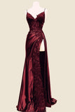 Straps Wine Red V Neck Satin Lace Long Prom Dresses HZ0311