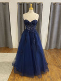 Strapless Open Back Navy Blue Lace Beaded Long Prom Dresses, Navy Blue Lace Formal Graduation Evening Dresses Formal Dress HZ0311