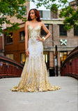 Sexy Mermaid Spaghetti Straps Gold Sequin Inspo For Black Women Girls Formal Party Gowns Long Prom Dresses HZ0311
