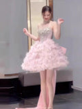 Cute Ball Gown Strapless Pink Tulle Short 16th Birthday Dress Homecoming Dresses Cocktail Gown HZ0311