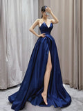 A-Line Sweetheart Satin Navy Blue Long Prom Dress Satin Long Formal Evening Dress HZ0311