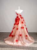 Cute Ball Gown Strapless Red Floral Sleeveless With Applique Pink Tulle Long Quinceanera Dresses Sweet 15 16 Birthday Outfit HZ0311