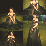 A line Off The Shoulder Tiered Ruffled Black Long Prom Dress Evening Dresses Sweet 15 16 Gown HZ0311