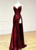 Straps Wine Red V Neck Satin Lace Long Prom Dresses HZ0311
