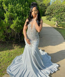 Glamorous Mermaid Scoop Neck Light Sky Blue Beads Sequins Long Pleated Prom Dress For Teens HZ0311