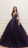 Ball Gown V Neck Purple Tulle Prom Dresses Graduation Dance Evening Outfits HZ0311