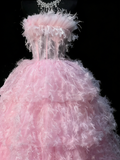 Ball Gown Strapless Tulle Pink Sleeveless With Feathers Women's Long Quinceanera Dresses Sweet 16 Quince Dress HZ0311