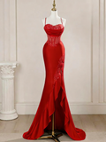Elegant Mermaid Spaghetti Straps Blue Satin Beaded Pleated Long Prom Dresses Vestidos De Dia HZ0311
