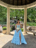Attractive Ball Gown Basque Waist Corset Ruffle Blue Slit Prom Dresses HZ0311