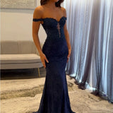 Aesthetic Navy Blue Mermaid Lace Appliques Prom Dresses Long for Women Off the Shoulder Illusion Formal Dress HZ0311