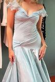 Elegant Mermaid Off The Shoulder Blue Chiffon Long Prom Dresses Evening Gowns Vestidos De Dia HZ0311
