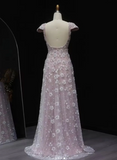 Elegant A line Floral Pattern Backless Short Sleeve Prom Dress Formal Dresses HZ0311