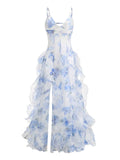 Sexy Mermaid Prom Dresses Spaghetti Straps Long Backless Blue Floral Party Gowns HZ0311