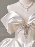 Princess Long Wedding Gowns Ball Gown Off The Shoulder Satin For Bride With Short Sleeves Bridal Dresses HZ0311