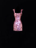 Aesthetic Sheath Square Neck Short Prom Dress Pink Sequins 16th Birthday Dress Homecoming Dresses Cocktail Gown HZ0311