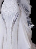 Elegant Women's Mermaid Off The Shoulder With Long Sleeves White Tulle Lace Long Wedding Gowns Dresses HZ0311
