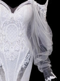 Elegant Women's Mermaid Off The Shoulder With Long Sleeves White Tulle Lace Long Wedding Gowns Dresses HZ0311