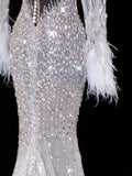 Elegant Women's Mermaid Scoop Neck With Long Sleeves White Tulle With Beadings Feather Long Wedding Gowns Dresses HZ0311