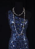 Chic Sheath One Shoulder Navy Blue Sequins Knee Length 16th Birthday Dress Homecoming Dresses Cocktail Gown HZ0311