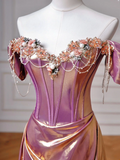 Classy Mermaid Off The Shoulder Pink With Short Sleeves Long Formal Prom Dresses Dance Night Outfits Party Gowns HZ0311
