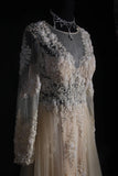 Elegant Women's A line V Neck With Long Sleeves Champagne Lace Floor Length Wedding Gowns Dresses HZ0311