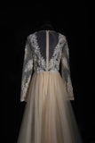 Elegant Women's A line V Neck With Long Sleeves Champagne Lace Floor Length Wedding Gowns Dresses HZ0311
