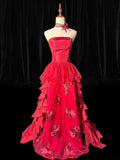 A line Strapless Sleeveless Hot Pink Floral Lace With Tiered Tiered Long Formal Fancy Evening Dresses Dinner Outfits Classy Party Gowns HZ0311