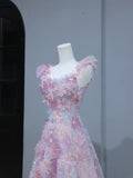 Cute Prom Dresses Aesthetic A Line Spaghetti Straps Pink Floral Inspiration Style Impress Corset Fitted Long Party Formal Gown HZ0311