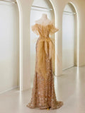 Classy Mermaid Off The Shoulder Gold Sequin Prom Dresses Long Party Dress Evening Outfits Graduation Dress HZ0311