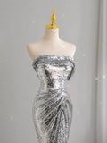 Unique Mermaid Strapless Silver Sequin Prom Dresses Long Party Dress 22th Birthday Outfits Formal Gown HZ0311